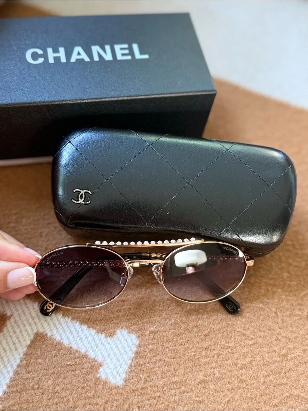 CHANEL Gold Frame Sunglasses with Black Gradient Lenses and Pearl Detail